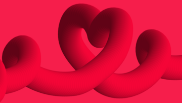 Vor einem roten Hintergrund verläuft von links nach rechts eine dreidimensionale Stilisierung eines Dünndarms, der mehrere Schlaufen bildet. Die größte Schlaufe in der Mitte hat die Form eines Herzes.