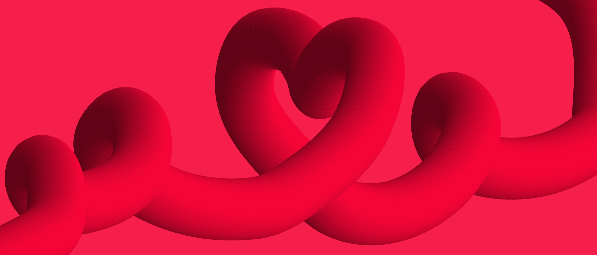 Vor einem roten Hintergrund verläuft von links nach rechts eine dreidimensionale Stilisierung eines Dünndarms, der mehrere Schlaufen bildet. Die größte Schlaufe in der Mitte hat die Form eines Herzes.