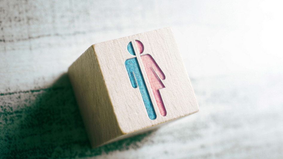 Zu sehen sind Gender-Symbole für Männer und Frauen in zwei Hälften geschnitten auf einem Holzblock. Der Block liegt auf einem grau-marmorierten Tisch.